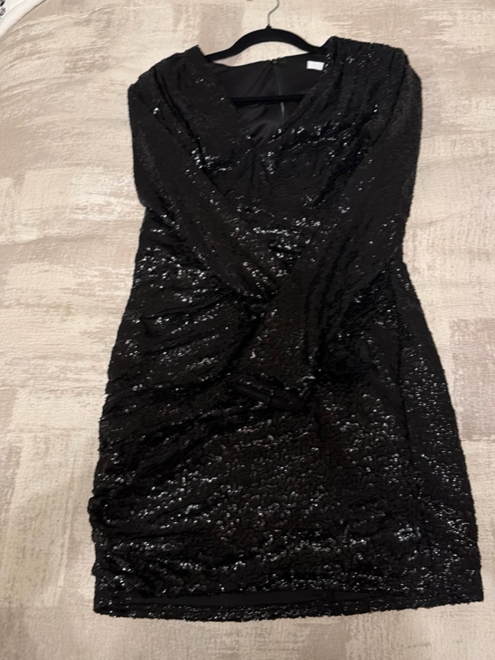 Tadashi Shoji Black Sequin Long Sleeve Ruched Dress